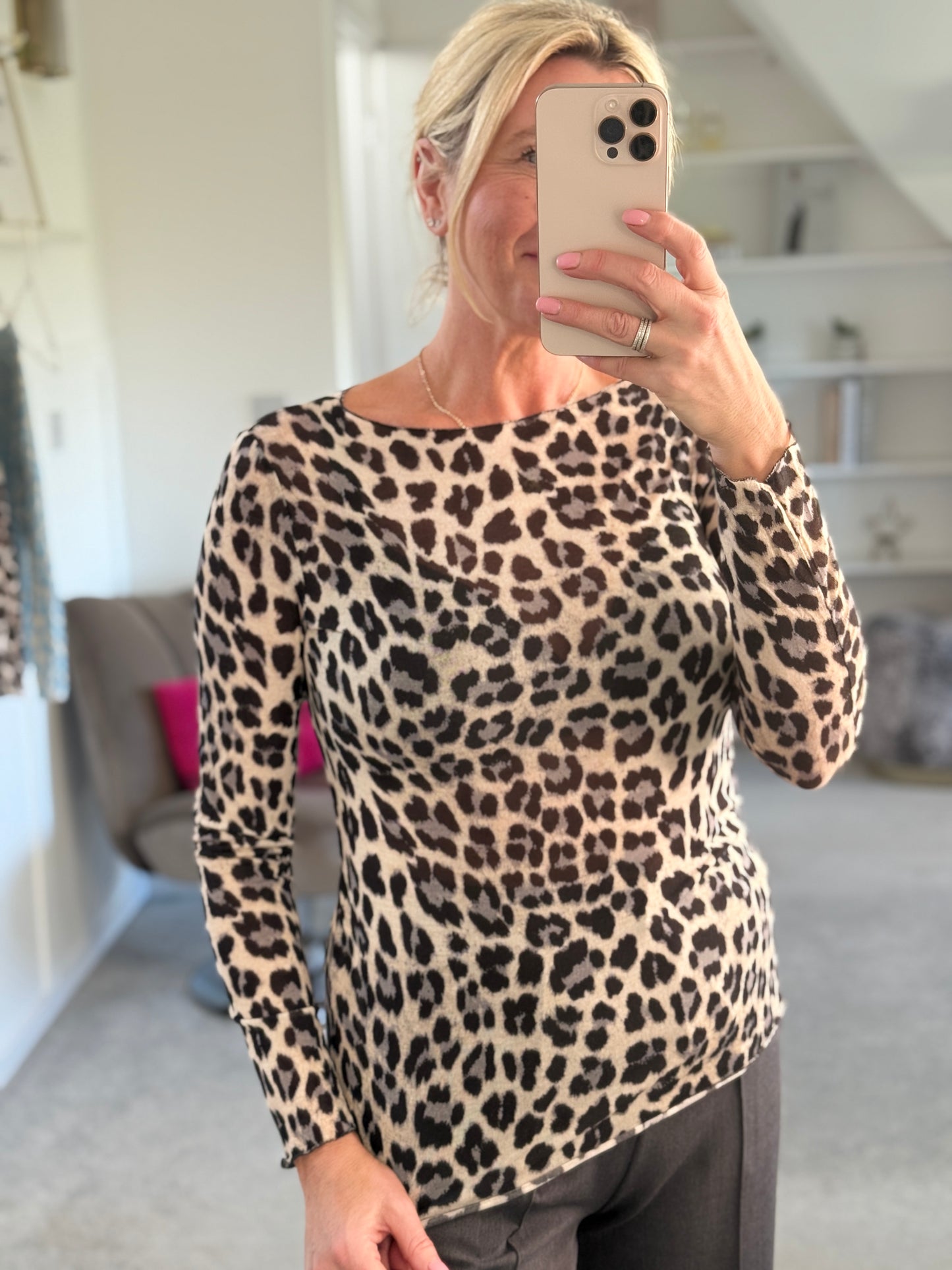 Blue Leopard Cashmere Blend Layering Top