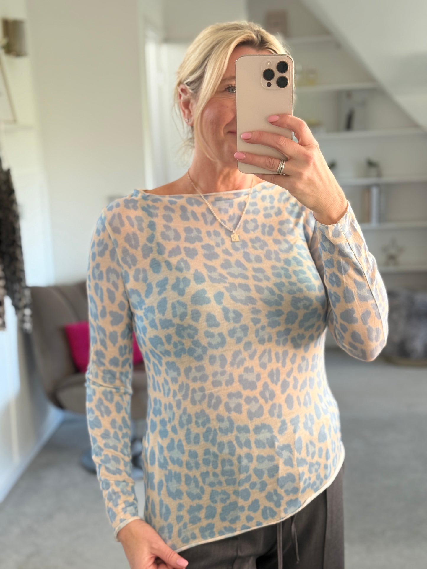 Blue Leopard Cashmere Blend Layering Top