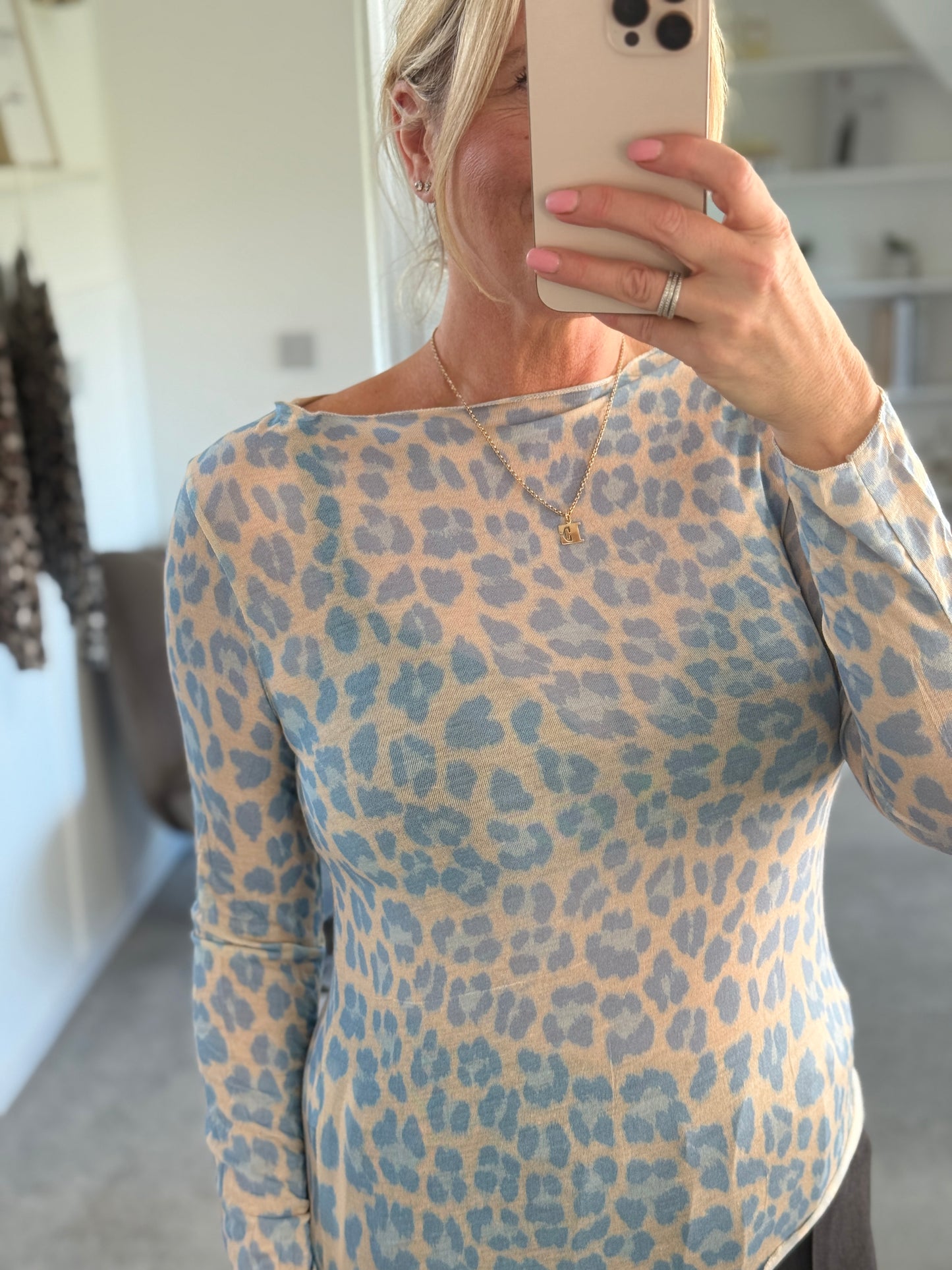 Blue Leopard Cashmere Blend Layering Top