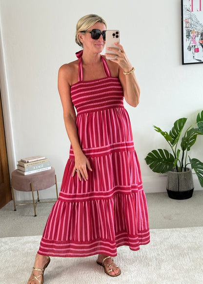 Pink/Red Striped Shirred Maxi Dress