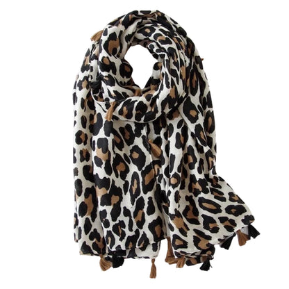 Cream Leopard Tassel Scarf