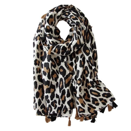 Cream Leopard Tassel Scarf