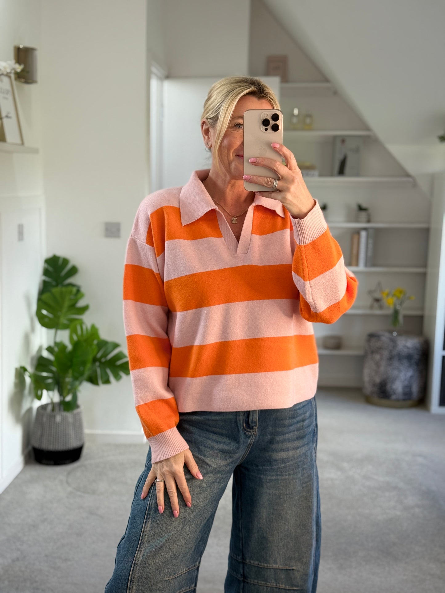 Orange/Pink Stripe Polo Top