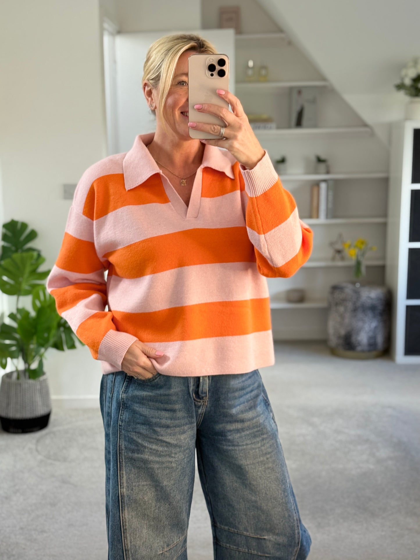 Orange/Pink Stripe Polo Top