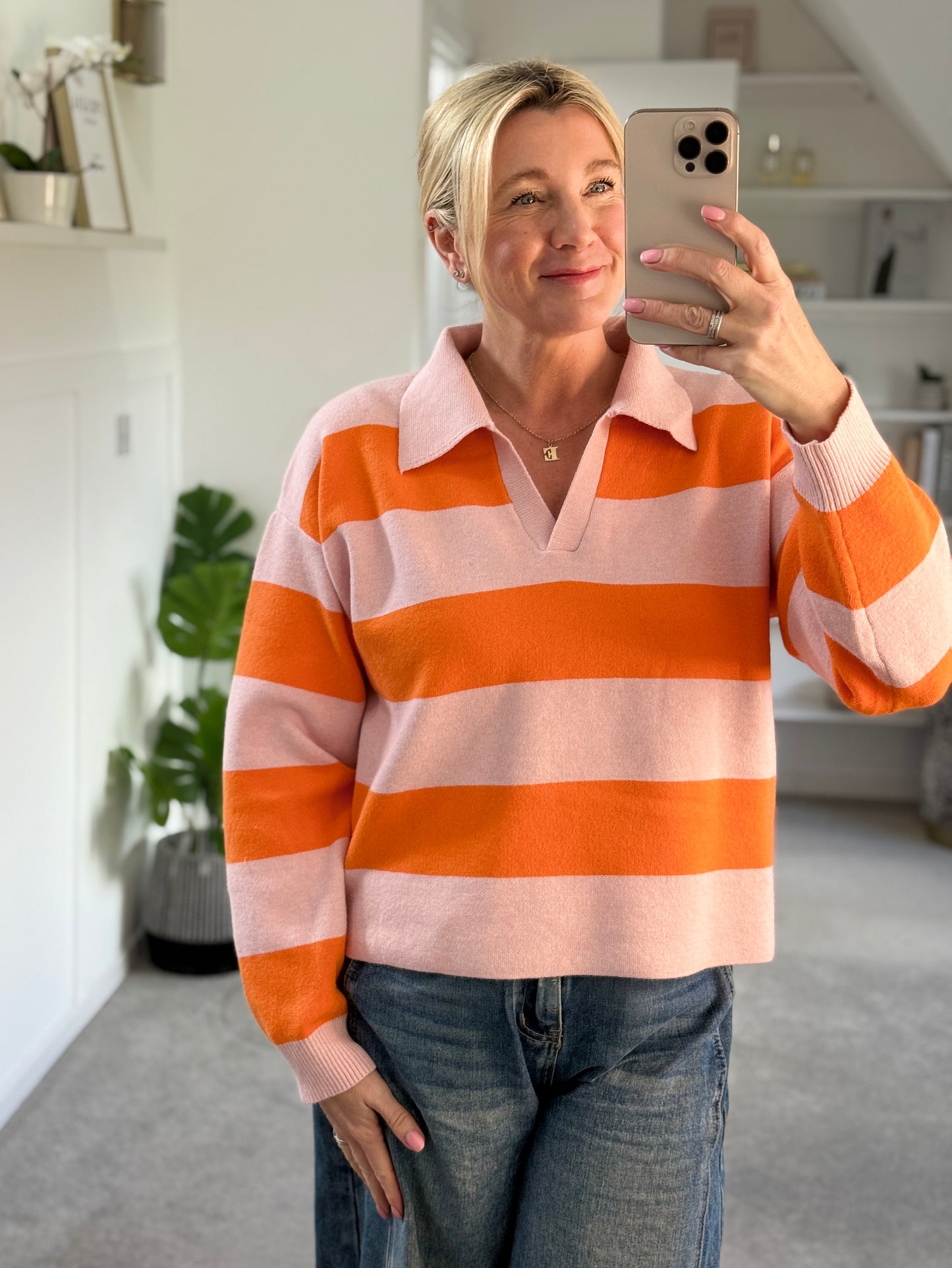 Sky Blue/Pink Stripe Polo Top