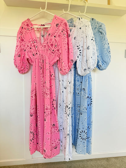 White Paisley Print Cheesecloth Midi Dress
