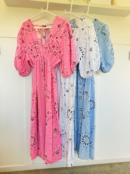 White Paisley Print Cheesecloth Midi Dress