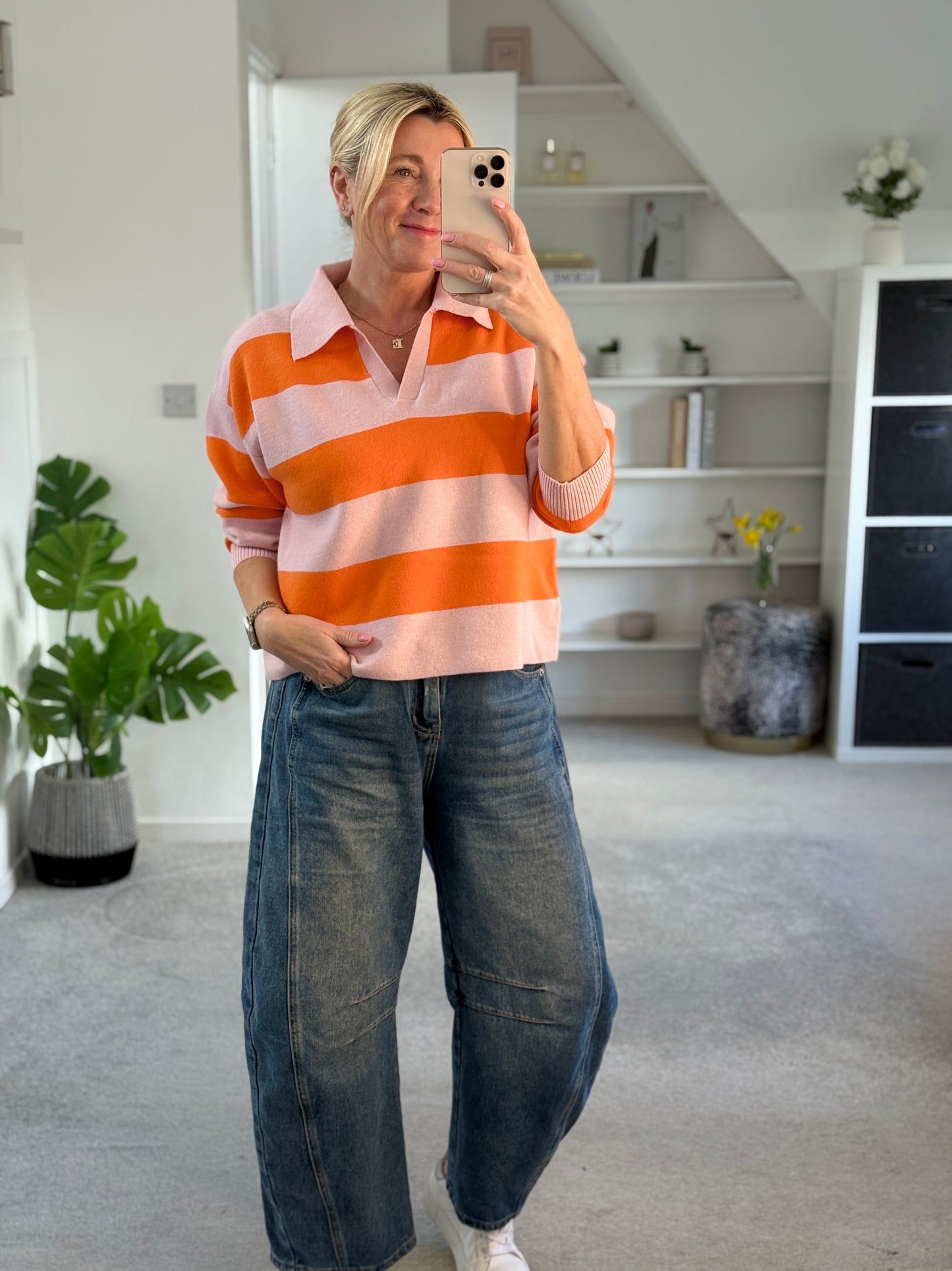 Orange/Pink Stripe Polo Top