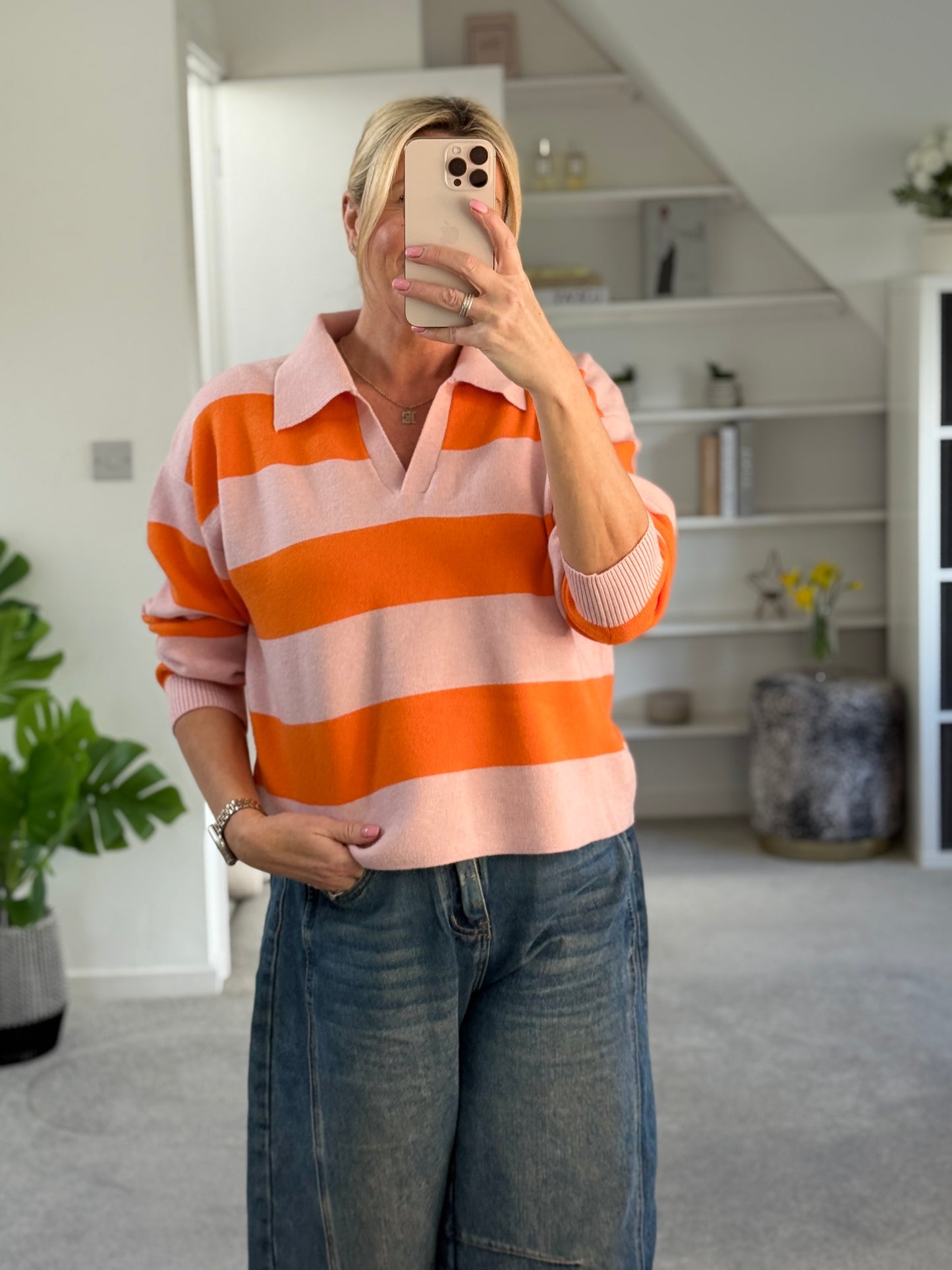 Orange/Pink Stripe Polo Top