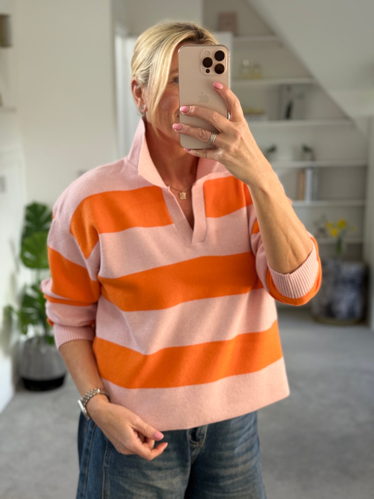 Orange/Pink Stripe Polo Top