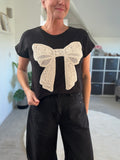 Black Crochet Bow T Shirt