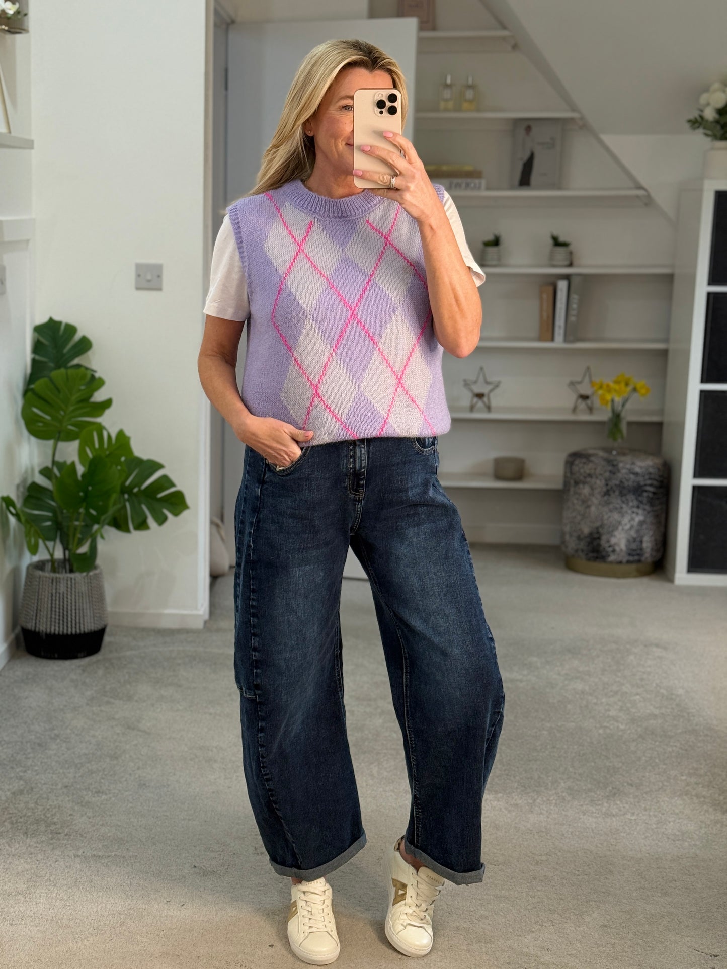 Lilac/Pink Argyle Round Neck Tank Top