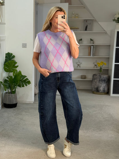 Lilac/Pink Argyle Round Neck Tank Top