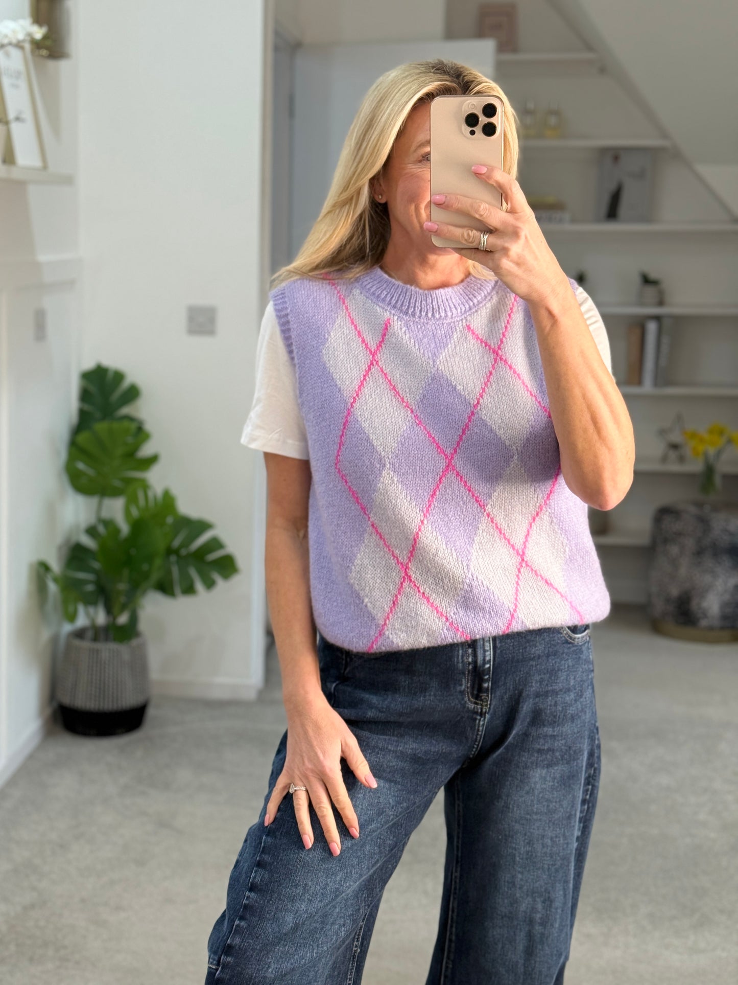 Grey/Pink Argyle Round Neck Tank Top