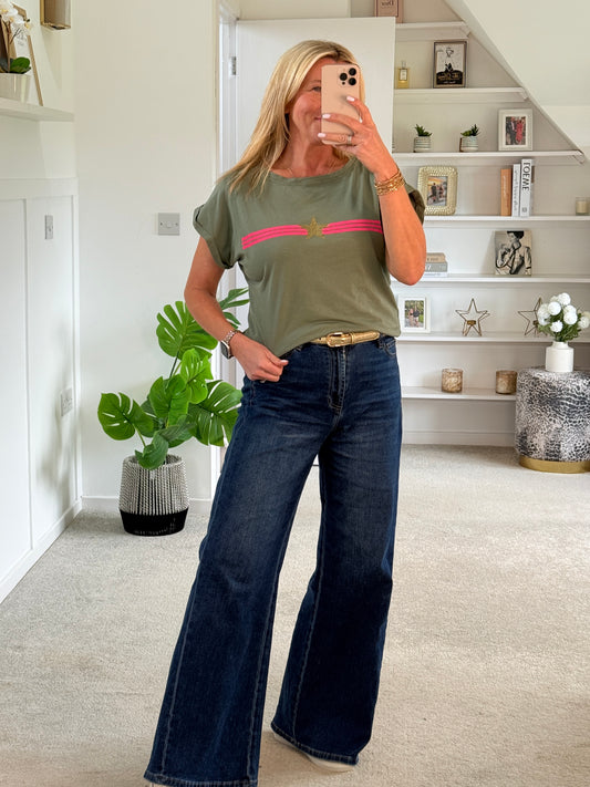 Khaki With Pink Stripe & Star T Shirt