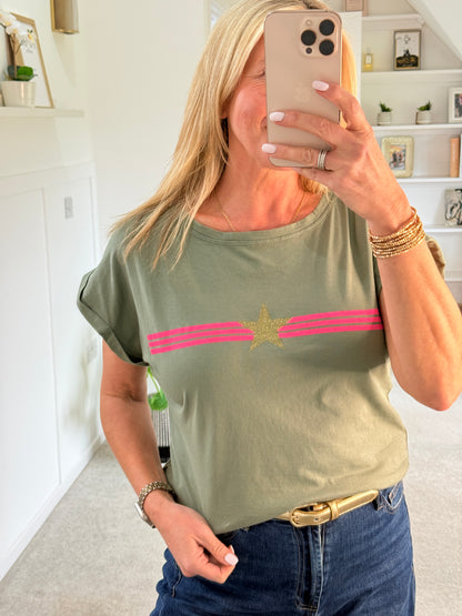 Khaki With Pink Stripe & Star T Shirt