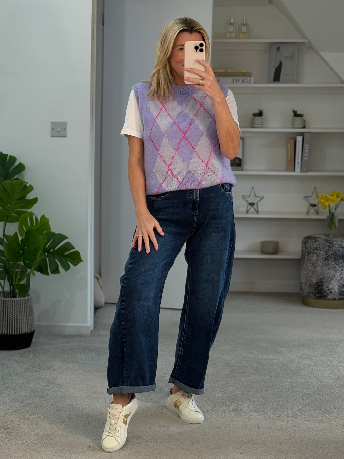 Blue/Pink Argyle V Neck Tank Top