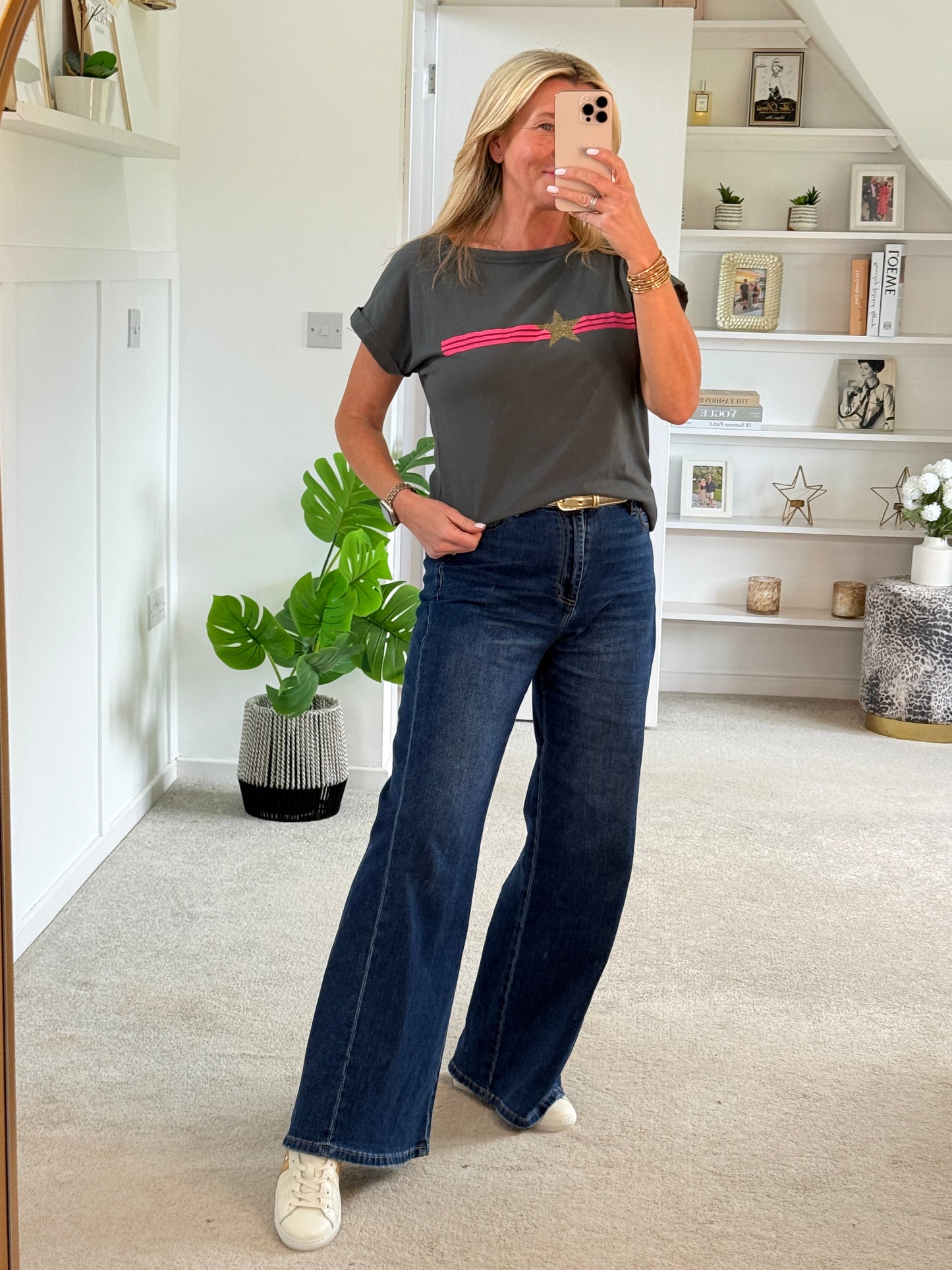 Khaki With Pink Stripe & Star T Shirt