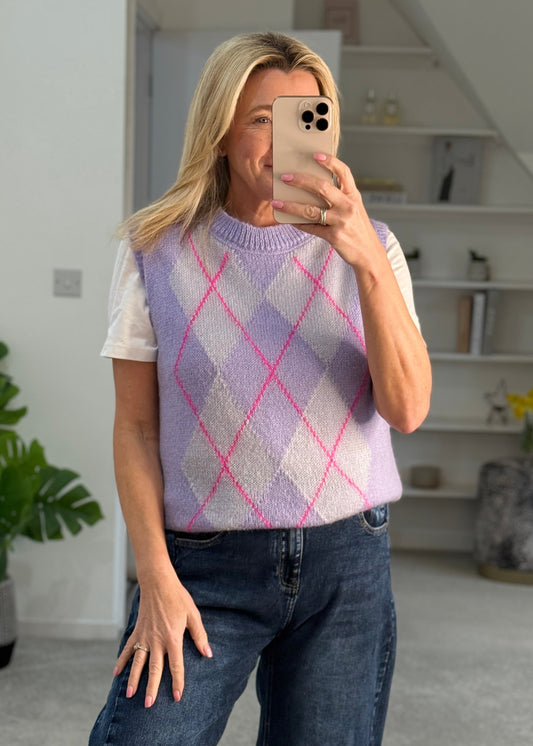 Lilac/Pink Argyle Round Neck Tank Top