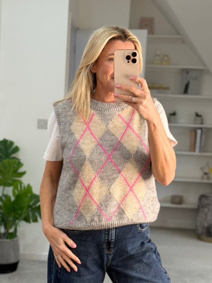 Grey/Pink Argyle Round Neck Tank Top