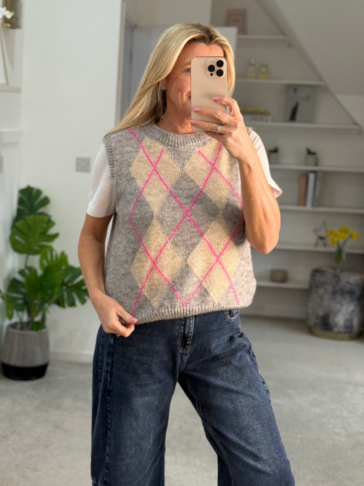 Grey/Pink Argyle Round Neck Tank Top