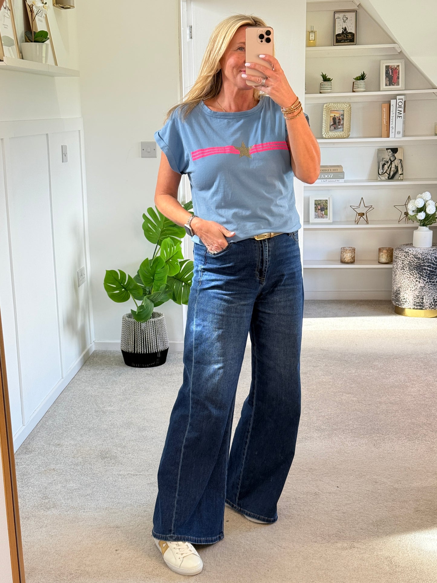 Denim Blue With Pink Stripe & Star T Shirt