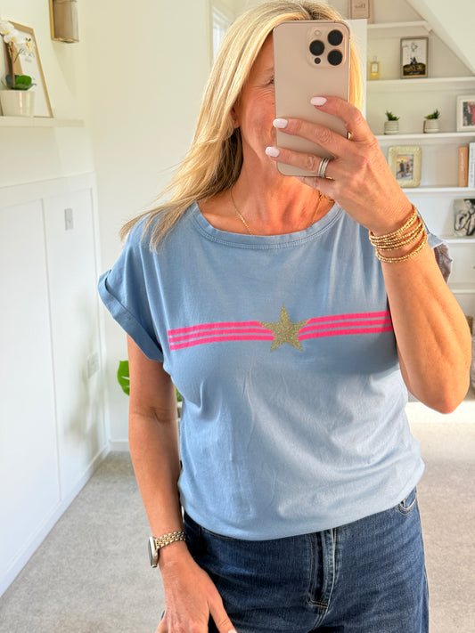 Denim Blue With Pink Stripe & Star T Shirt