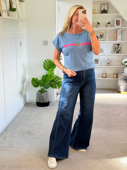 Denim Blue With Pink Stripe & Star T Shirt
