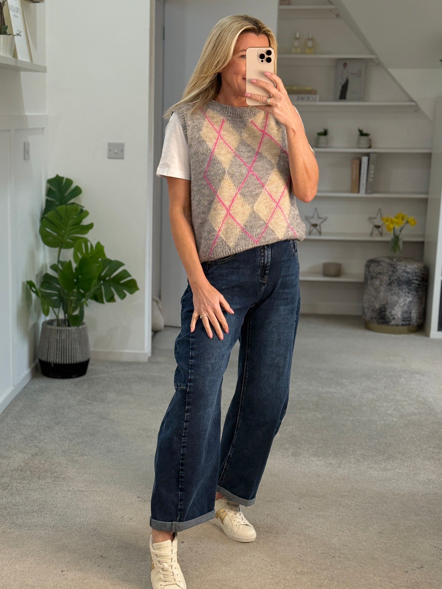 Grey/Pink Argyle Round Neck Tank Top