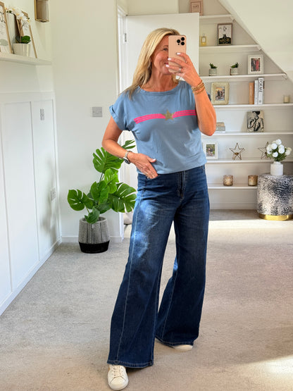 Denim Blue With Pink Stripe & Star T Shirt