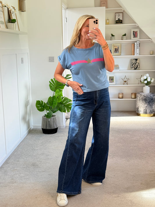 Denim Blue With Pink Stripe & Star T Shirt