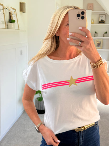 Denim Blue With Pink Stripe & Star T Shirt