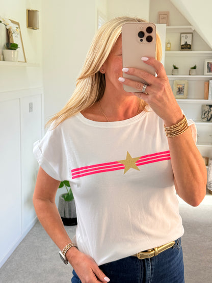 Denim Blue With Pink Stripe & Star T Shirt