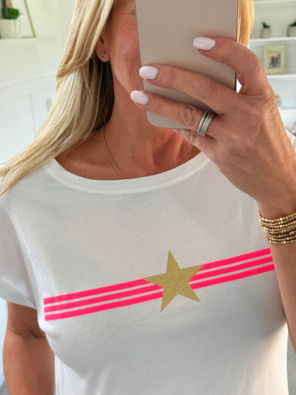 Denim Blue With Pink Stripe & Star T Shirt