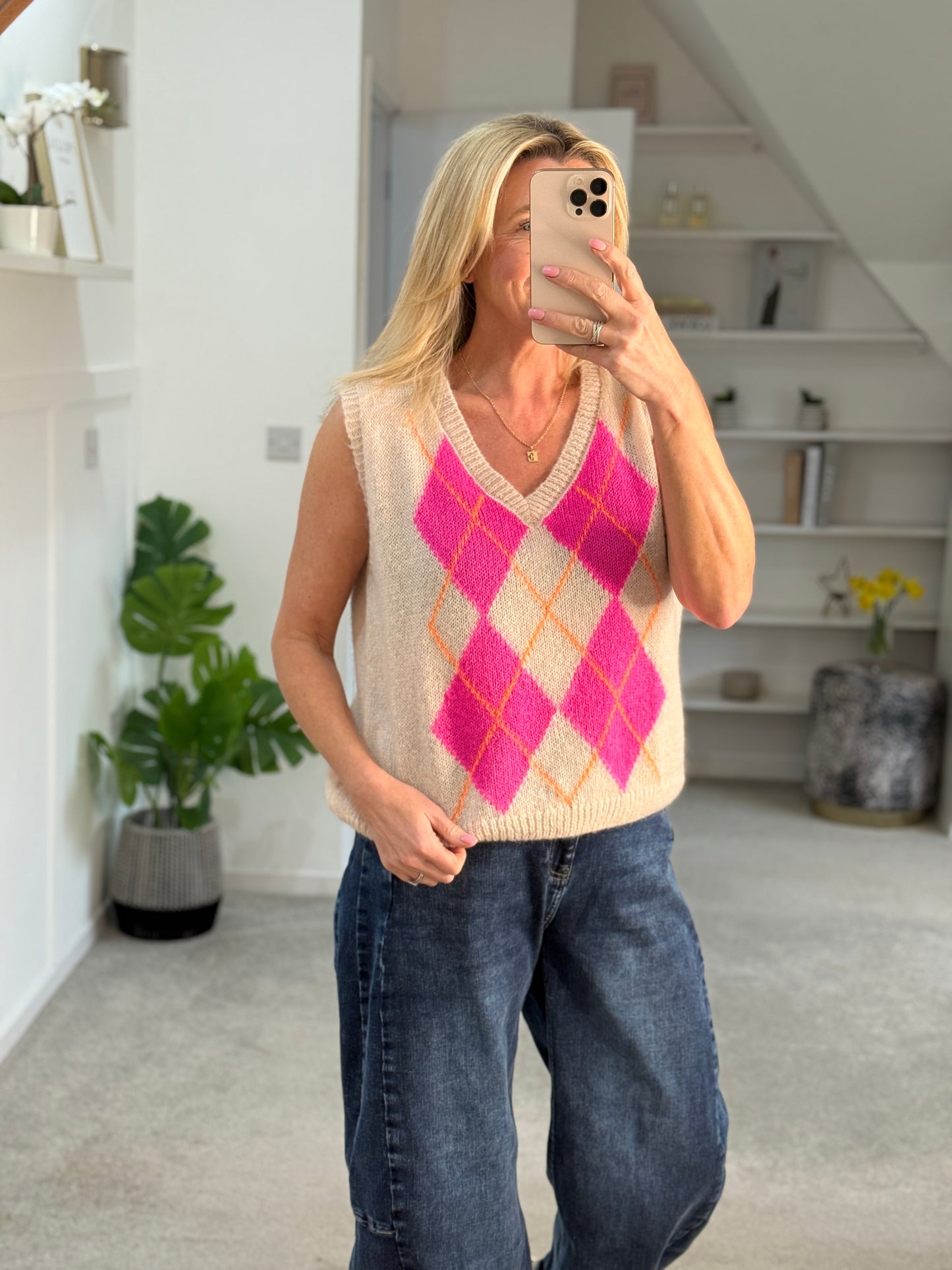 Grey/Pink Argyle Round Neck Tank Top