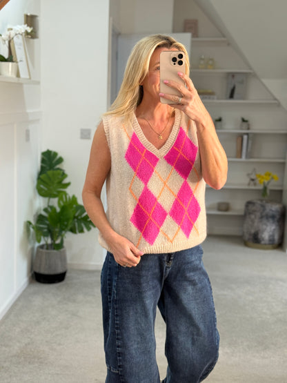 Grey/Pink Argyle Round Neck Tank Top