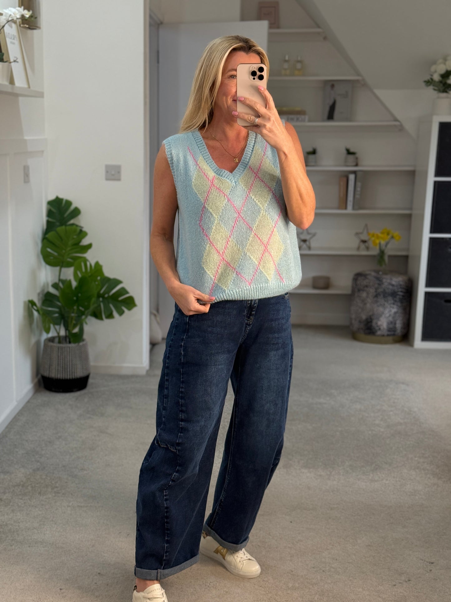 Grey/Pink Argyle Round Neck Tank Top