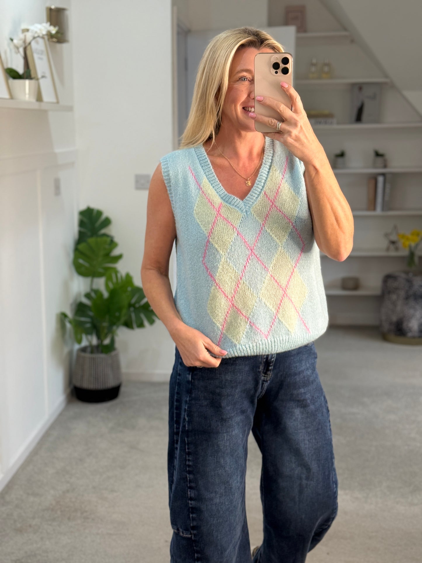 Blue/Pink Argyle V Neck Tank Top