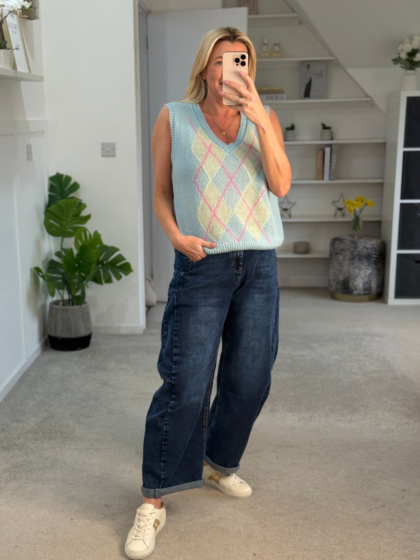 Lilac/Pink Argyle Round Neck Tank Top