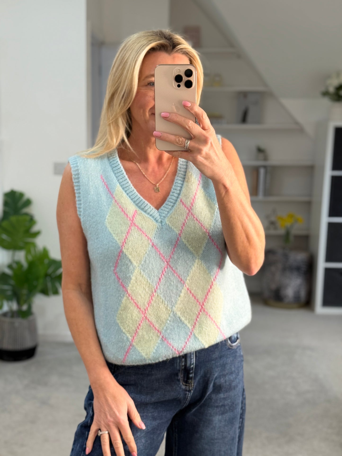 Blue/Pink Argyle V Neck Tank Top