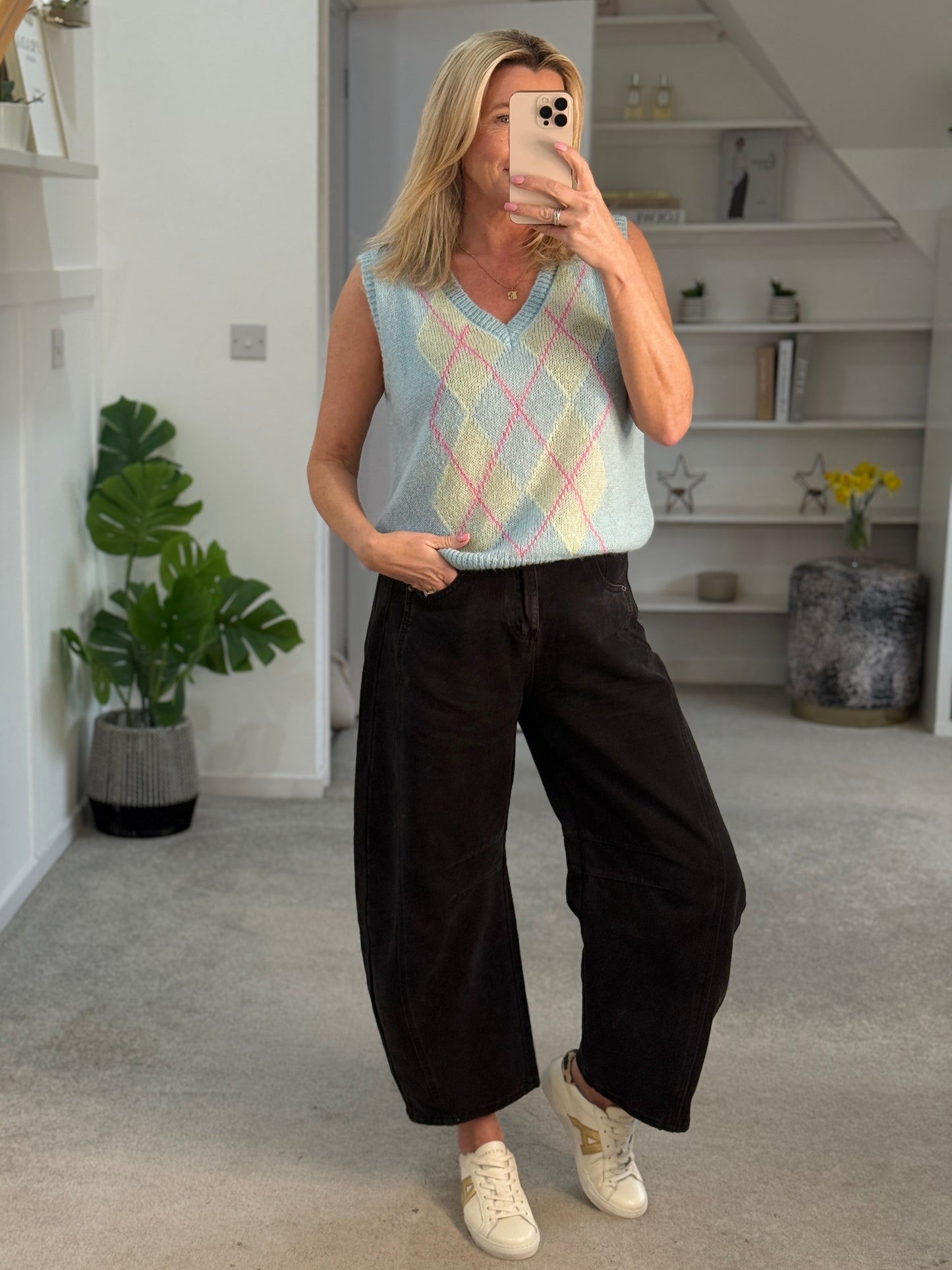 Blue/Pink Argyle V Neck Tank Top