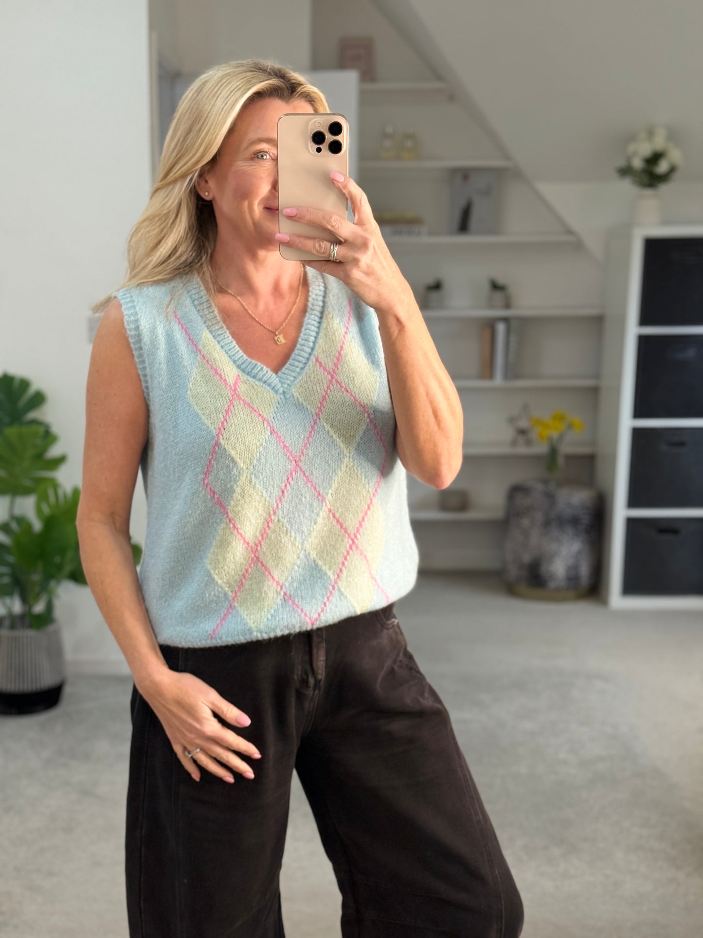 Beige/Pink Argyle V Neck Tank Top