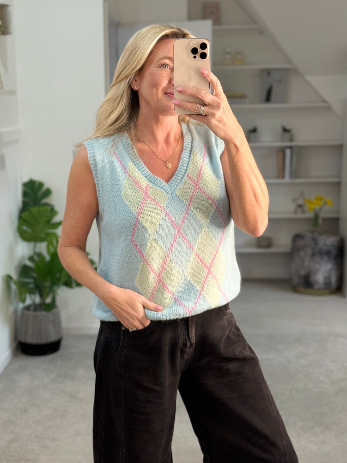 Blue/Pink Argyle V Neck Tank Top