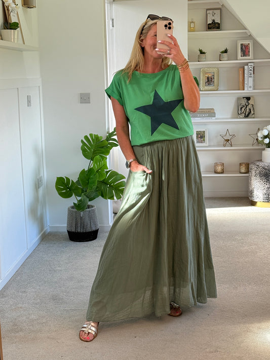 Khaki Cotton Pocket Maxi Skirt