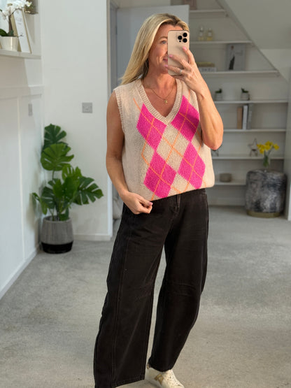Beige/Pink Argyle V Neck Tank Top