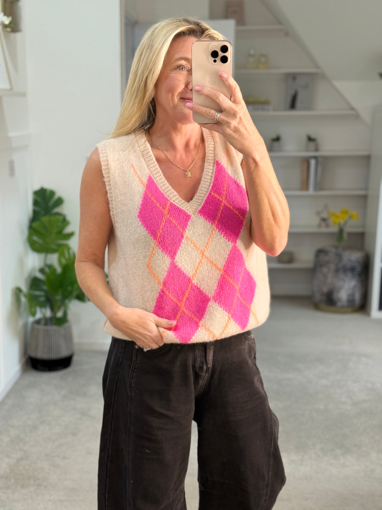 Grey/Pink Argyle Round Neck Tank Top