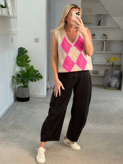 Beige/Pink Argyle V Neck Tank Top