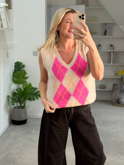 Beige/Pink Argyle V Neck Tank Top