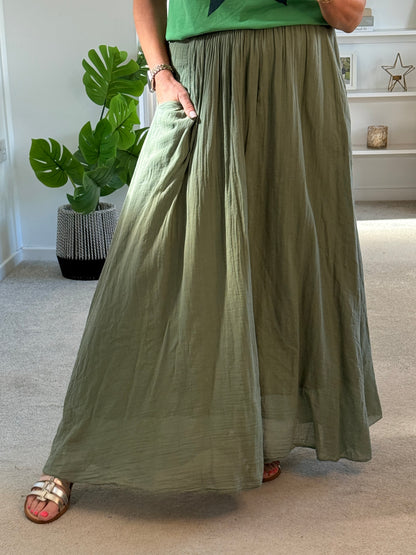 Khaki Cotton Pocket Maxi Skirt