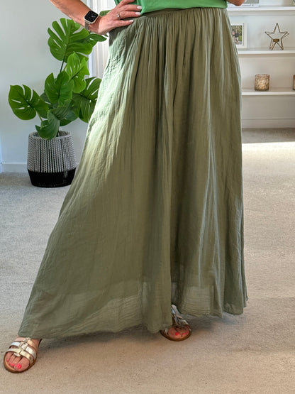 Khaki Cotton Pocket Maxi Skirt